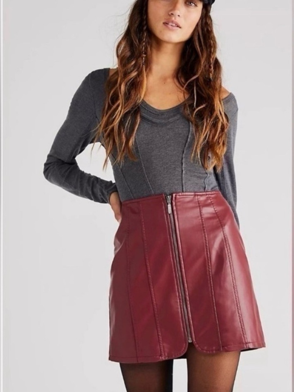 Free People Layla Vegan Leather Zip-Front Mini Skirt in Burgundy